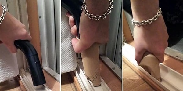 14. Чтобы проникнуть с помощью пылесоса в труднодоступные места, просто усовершенствуйте его с помощью ролика из-под туалетной бумаги.