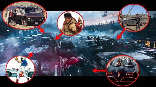 Soldan sağa: 1. A-Takımı Minibüs'ü 2. Street Fighter Karakteri RYU 3. Batman Arabası Batmobil 4. Speed Racer Arabası 5.  Mad Max: The Roadwarrior Arabası