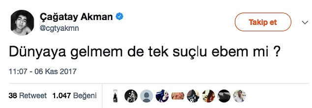 7. "Gece Gölgenin Rahatına" bak şarkısıyla gündeme gelen Çağatay, Twitter'ı aktif olarak kullanıyor. -de'ler, -da'lar tam yerinde olmasa da yazıyor sonuçta.