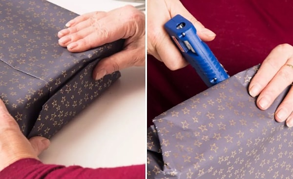 5. Приклеиваем оставшийся конец бумаги с помощью двустороннего скотча или клеевого пистолета. То же самое проделываем с другой стороной подарка.