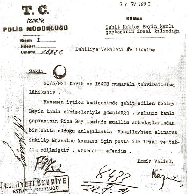 Bu hazin olayların ardından şehit düşen Asteğmen Kubilay'ın üniformasıyla birlikte defnedildiği ve geriye kalan şapkasının ise müzeye konulmak istendiği anlaşılmaktadır.