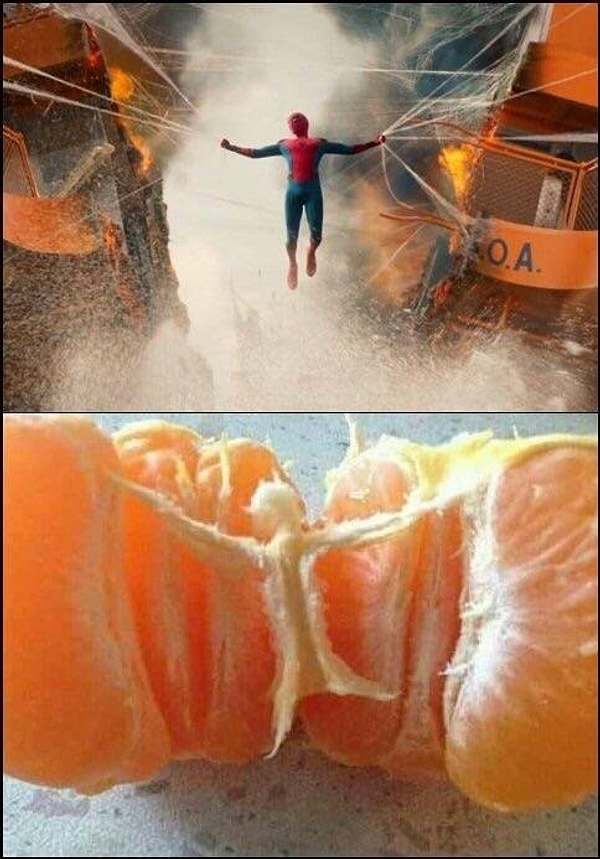 14. Сцена из "Человека-паука" в мандариновом антураже 🍊
