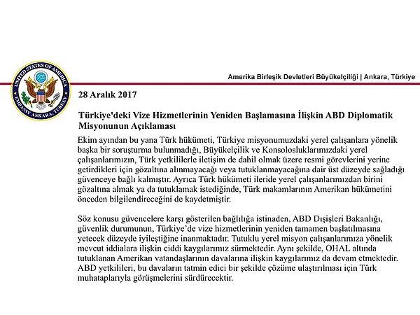 ABD'nin Ankara Büyükelçiliği tarafından yapılan açıklamada şöyle denildi 📌
