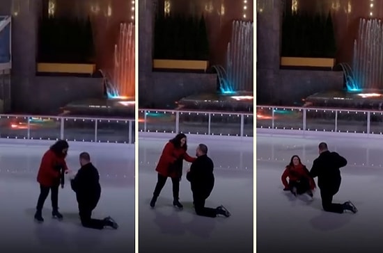 Buz Pistinde Evlilik Teklifi Aldıktan Sonra Ayakta Duramayıp Yere Kapaklanan Kadın