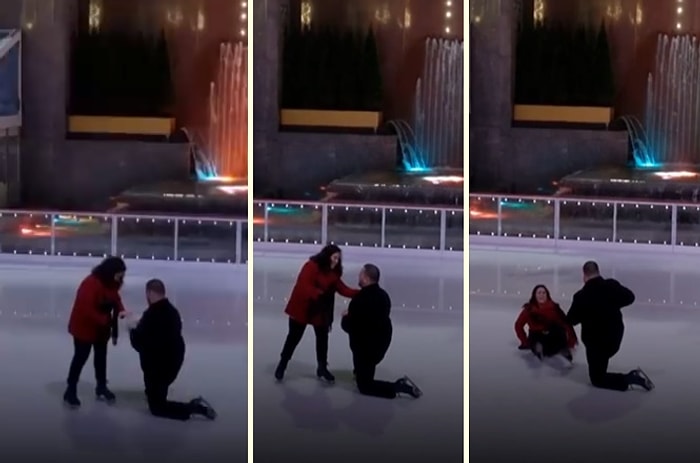 Buz Pistinde Evlilik Teklifi Aldıktan Sonra Ayakta Duramayıp Yere Kapaklanan Kadın