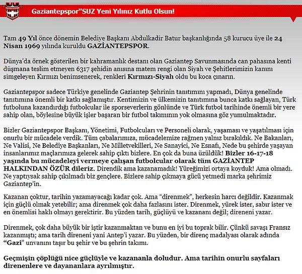 Gaziantepspor Kulübü'nün kapandığını açıklayan mesajda şu ifadelere yer verildi: ''Gaziantep halkından özür dileriz.'' 👇