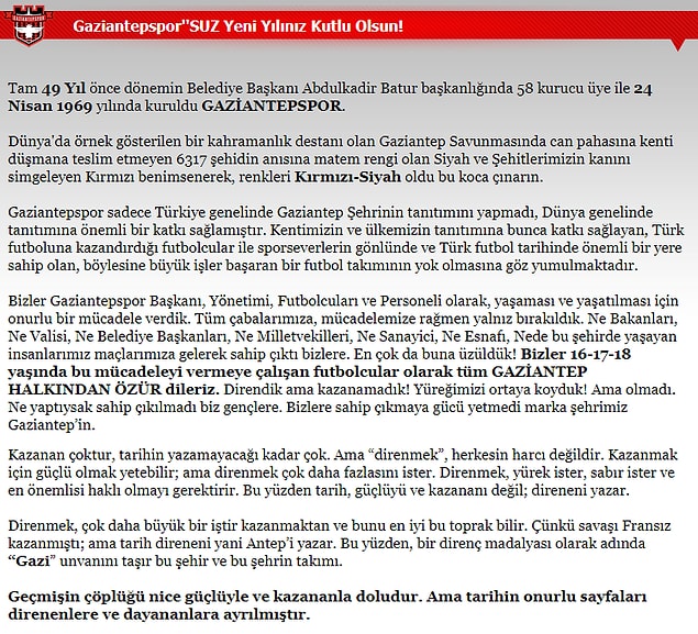 Gaziantepspor Kulübü'nün kapandığını açıklayan mesajda şu ifadelere yer verildi: ''Gaziantep halkından özür dileriz.'' 👇