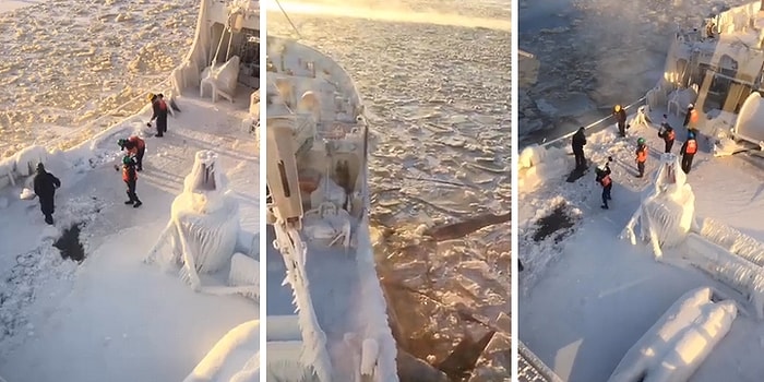 Tamamen Buzla Kaplanmış Gemideki Buzları Kırmaya Çalışan Mürettebat