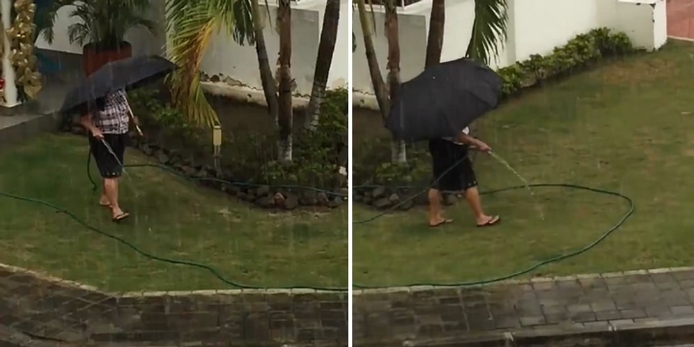 Sağanak Yağmur Altında Hortumla Bahçe Sulayan Kadın