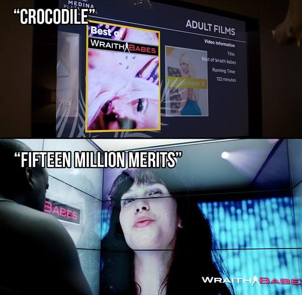 11. "Crocodile" bölümünde Mia'nın otel odasında açtığı +18 film, "Fifteen Million Merits" bölümündeki yetişkin filmi şirketi tarafından yapılmış.