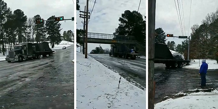 Buzlu Yolda Rampayı Çıkamayan TIR, Geri Geri Kayarak Trafik Lambası Direğini Devirdi