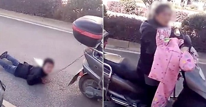 Bu Nasıl Anne!? Yaramazlık Yapan Oğlunu Ellerinden Scooter'ına Bağlayarak Sürükledi!