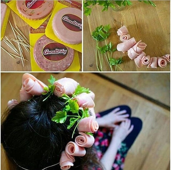 7. Кто будет покупать эти цветочные венки на голову, когда их можно изготовить самим с помощью обыкновенной ветчины и веточек петрушки? 😂