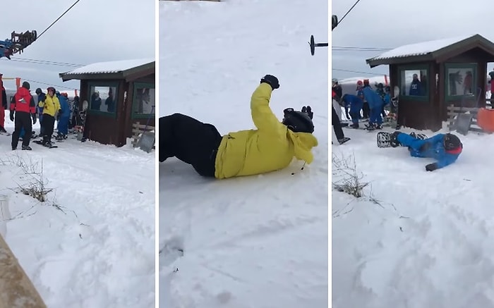 Hayatlarında İlk Defa Snowboard Yapmak İsteyen Arkadaşlarının Yerlerde Yuvarlanmasına Hunharca Gülen Adam