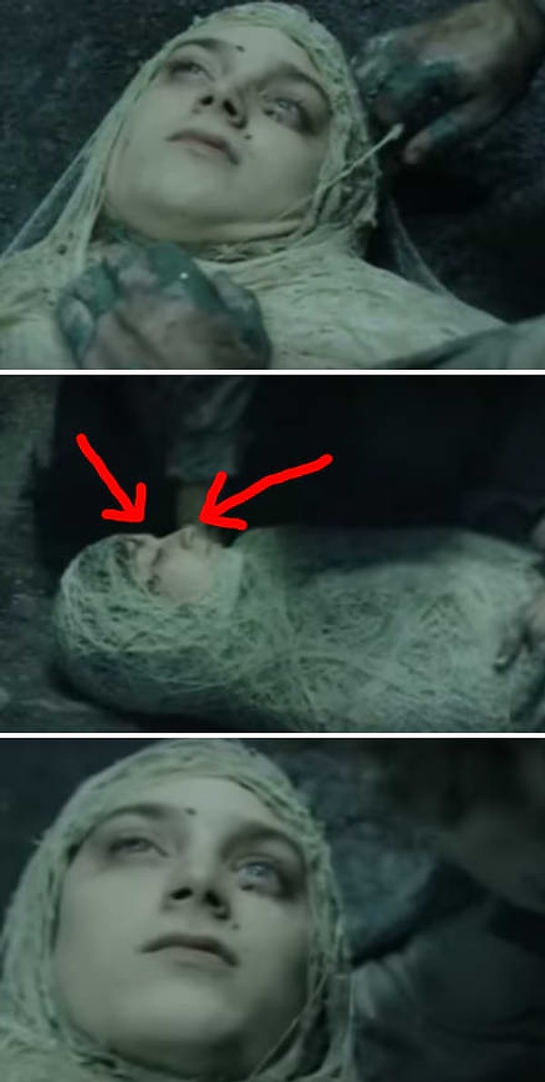 9. Глаза Фродо, когда его схватила гигантская паучиха и замотала в паутину во "Властелине колец: Возвращение короля" то открыты, то закрыты. Хотя Сэм думает, что Фродо мертв