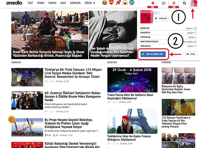 1. Adım adım başlayalım, Onedio ana sayfamızın sağ üstünde profil fotoğrafına tıkladıktan sonra 'Sen de içerik yap' yazan butona tıklıyoruz.