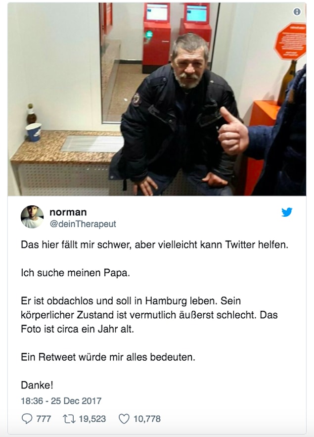 Noel döneminde attığı twitle evsiz babasını aradığını söyleyen ve Twitter'da yardım isteyen Norman, geçtiğimiz günlerde babası Klaus'la telefonda ilk konuşmasını gerçekleştirmeyi başardı. 🎉