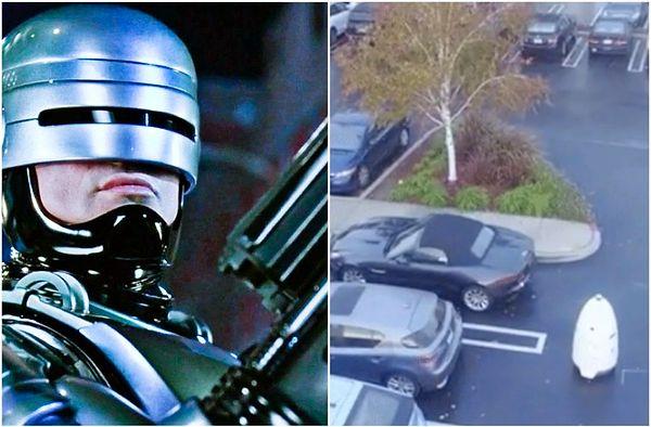 On the left, our very old RoboCop. On the right, Knightscope's security robot guardian Google's car park.