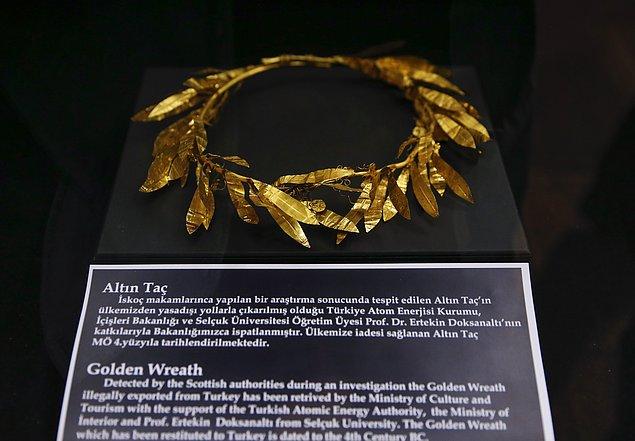 Milattan önce 4. yüzyıla tanımlanan 'Altın Taç'ın Anadolu'nun eski Karya Bölgesi'nde zengin birisine ait bir mezardan alındığı tahmin ediliyor.