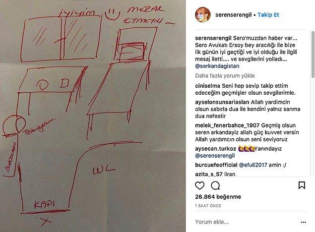 Dakika bir gol bir derken, Seren Serengil bugün hapishaneden avukatı aracılığıyla bir kroki paylaştı; bu da Seren'in kendi Instagram sayfasından yayınlandı.