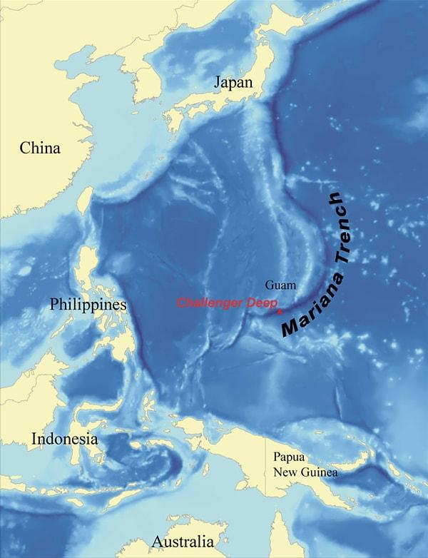 5. Okyanusun en derin noktası Challenger Çukuru, Pasifik Okyanusu'nda Mariana takımadalarının yakınında yer alıyor.