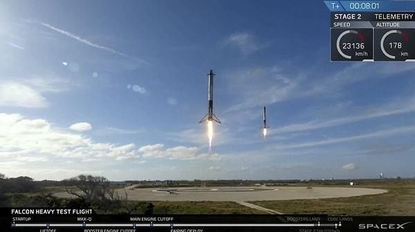 Falcon Heavy Mars'a doğru yol alırken, fırlatıldıktan kısa bir süre sonra kapsülden ayrılan iki roket Dünya'ya döndü.