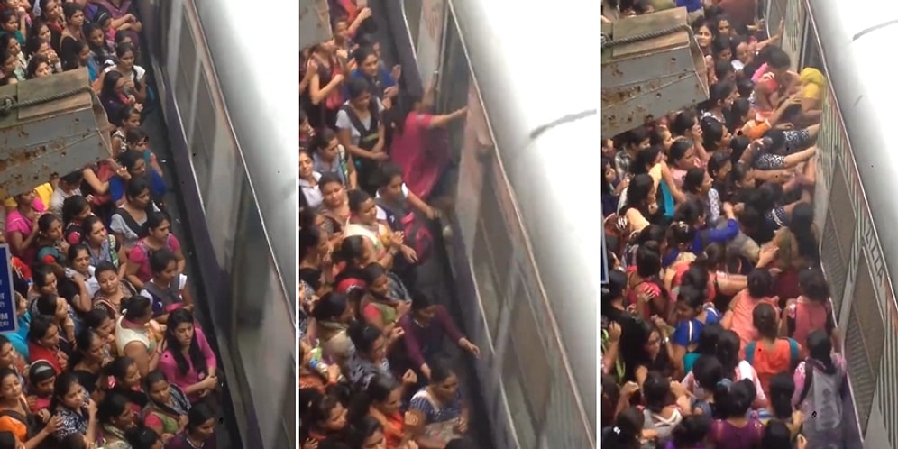 İş Çıkışı Saatinde Trene Binmek İçin Birbirlerini Ezen Hint Kadınları