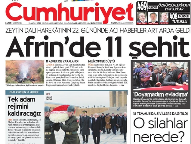 Harekâtın 22. gününde Afrin'den gelen şehit haberleri Cumhuriyet'in manşetindeydi.