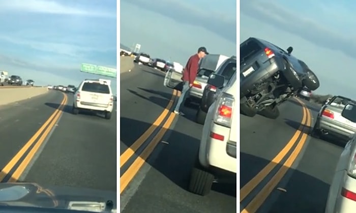 Tartıştığı Sürücünün Aracına Zarar Vermek İsterken Anında İşleyen Karma ile Tepetaklak Olan Araç