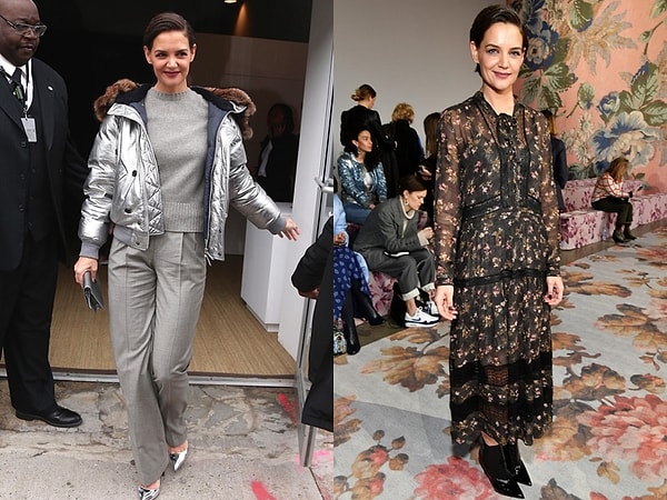 7. Кэти Холмс, которая с большим интересом следит за модными дефиле, на одном из мероприятий появилась в спортивной металлической куртке. Для другого дефиле она предпочла цветочное платье с викторианским оттенком от Zimmerman.