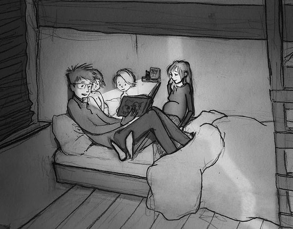1. Рисунки Кертиса очень живые, они передают атмосферу момента, как, например, этот: вся семья читает книгу в кровати, так просто и душевно...