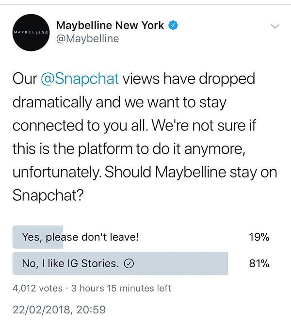 Daha sonra da kozmetik devi Maybelline NewYork takipçilerine Snapchat'ta kalmaya devam edip etmemeleri gerektiğini sordu.