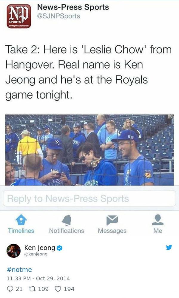 16. Spor kanalı, Hangover'dan Leslie Chow olarak tanıdığımız Ken Jeong'u Royals maçında zannetti.