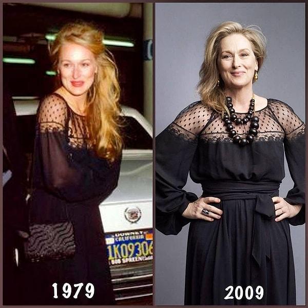8. Meryl Streep'in 1979'da ilk Oscar'ını kazandığı gün giydiği siyah elbisesi ve 30 yıl sonra.