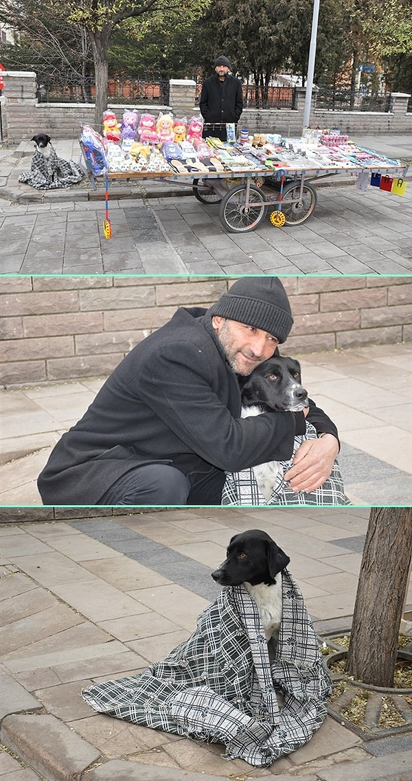 Tezgahının yanındaki köpeği üşümesin diye ona örtü saran, kazandığı paranın %25'ini hayvanlarına harcayan Kırıkkaleli seyyar satıcı Gökhan Özdal. 👏