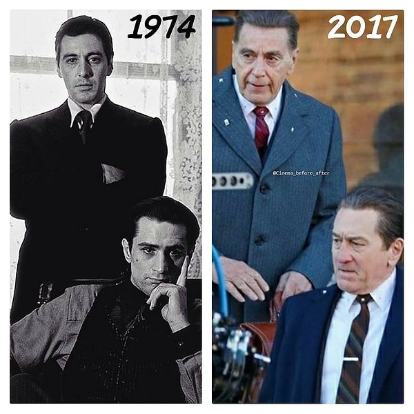 4. Аль Пачино и Роберт Де Ниро вместе. В первом случае в фильме "Крестный отец", во втором - в фильме "Ирландец".