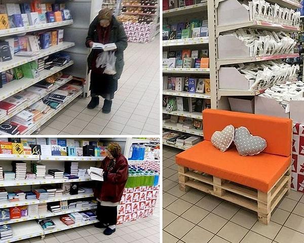 11. Bu yaşlı kadın sürekli süpermarkete kitap okumaya gidiyor. Müdür de ona özel bir koltuk yaptırmış.