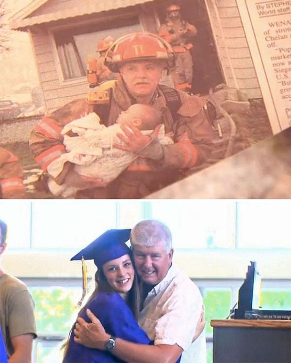 21. Emekli itfaiyeci, 17 yıl önce beşiğinde uyurken yangından kurtardığı bebeğin mezuniyetine katıldı.