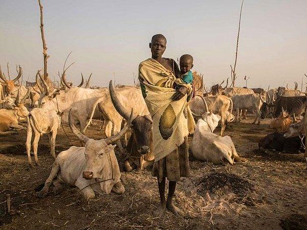 16. 22 yaşındaki genç anne Mary Amer, Güney Sudan'daki bir kampta yaşamak ve sığırlara çobanlık yaparak geçinmek zorunda.
