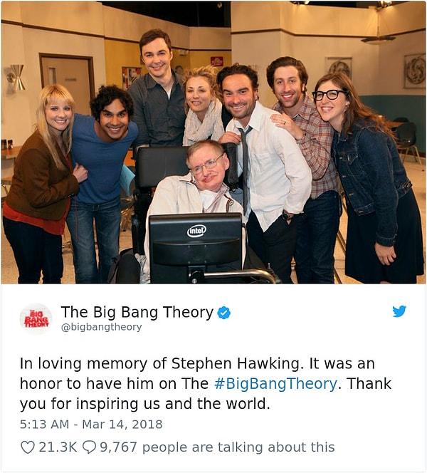 3. "Stephen Hawking'in sevgili anısına. Onu 'Big Bang Theory'de konuk etmek bir şerefti. Bize ve tüm dünyaya ilham verdiğiniz için teşekkürler."