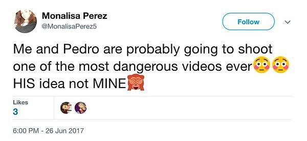 Perez, Twitter'dan yaptığı duyuruda, "Ben ve Pedro büyük ihtimalle en tehlikeli videomuzu çekeceğiz. Onun fikri, benim değil" demişti.