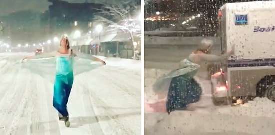 Мужчина, одетый в костюм Эльзы, вытолкнул застрявшую в снегу полицейскую машину ❄😂