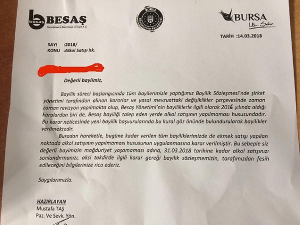 BESAŞ tarafından dükkanlara gönderilen yazı şöyle 👇