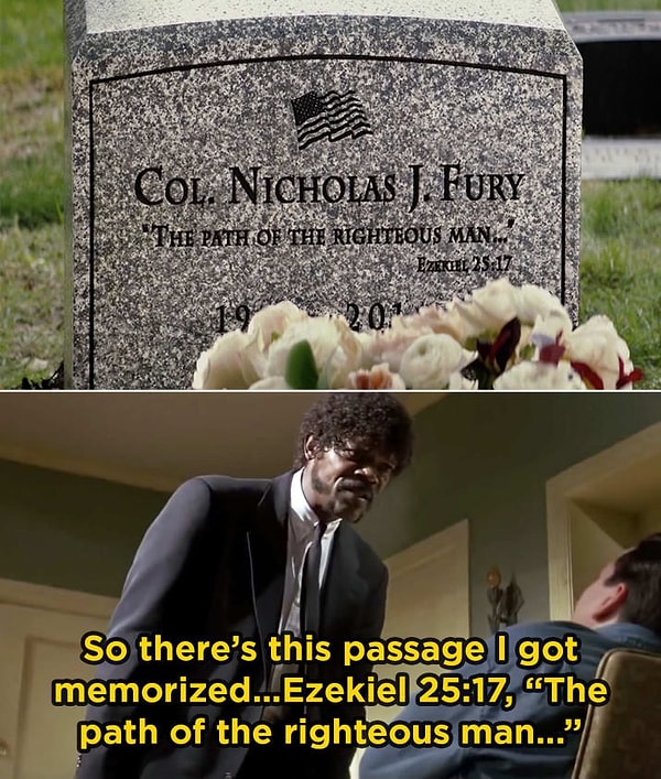 8. На могиле Ника Фьюри в фильме "Капитан Америка: Зимний солдат" можно увидеть фальшивую цитату из книги Иезекииля, которую постоянно повторял персонаж Сэмюэля Л. Джексона в фильме "Криминальное чтиво"