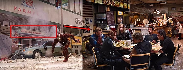 In The Avengers, during the big fight, you can see the Shawarma Palace. Later that The Avengers eat and created the iconic scene.