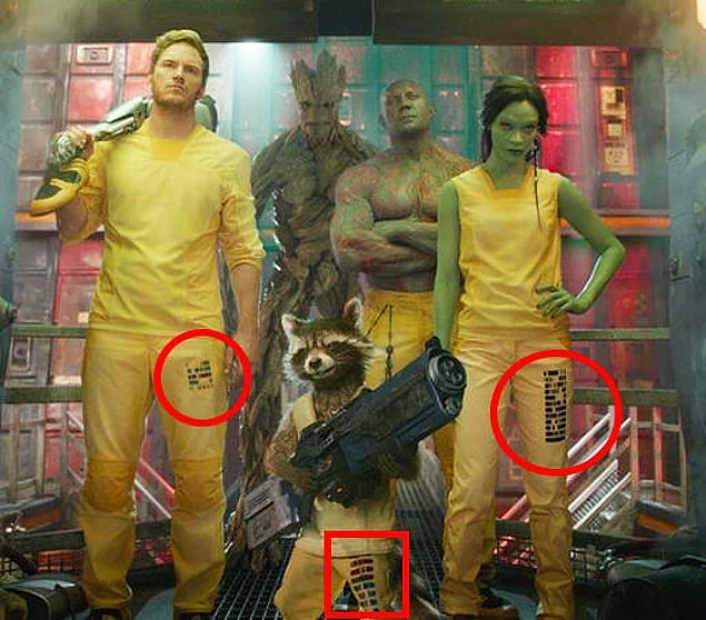 In Guardians of the Galaxy, the stripes on each of the prisoners' legs correspond to a crime they've committed, while the pattern explains the intensity of each.