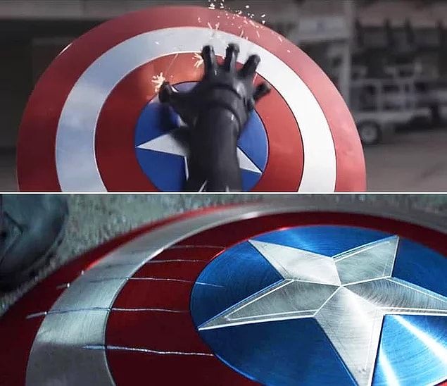 In Captain America: Civil War, the only marks on Steve's shield are from Black Panther while both the shield and his claws are made of vibranium.