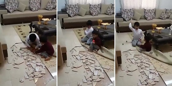Anne-Babalarının Evde Olmamalarını Fırsat Bilip Salondaki Fayansları Parçalayan Yaramaz Ufaklıklar