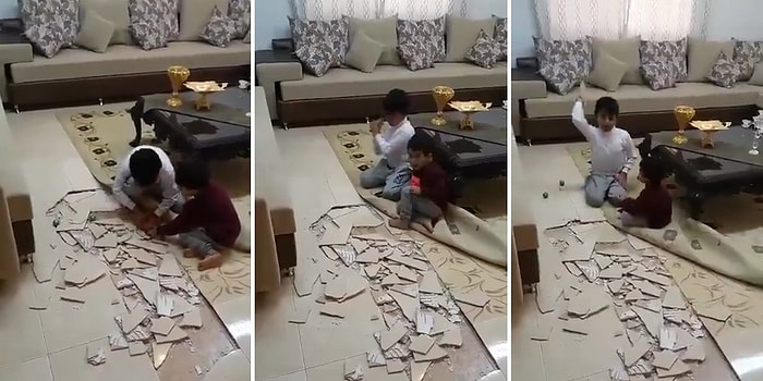 Anne-Babalarının Evde Olmamalarını Fırsat Bilip Salondaki Fayansları Parçalayan Yaramaz Ufaklıklar