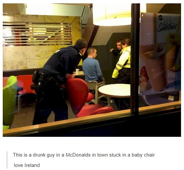 4. Ничего особенного, просто пьяный мужик застрял в детском стульчике